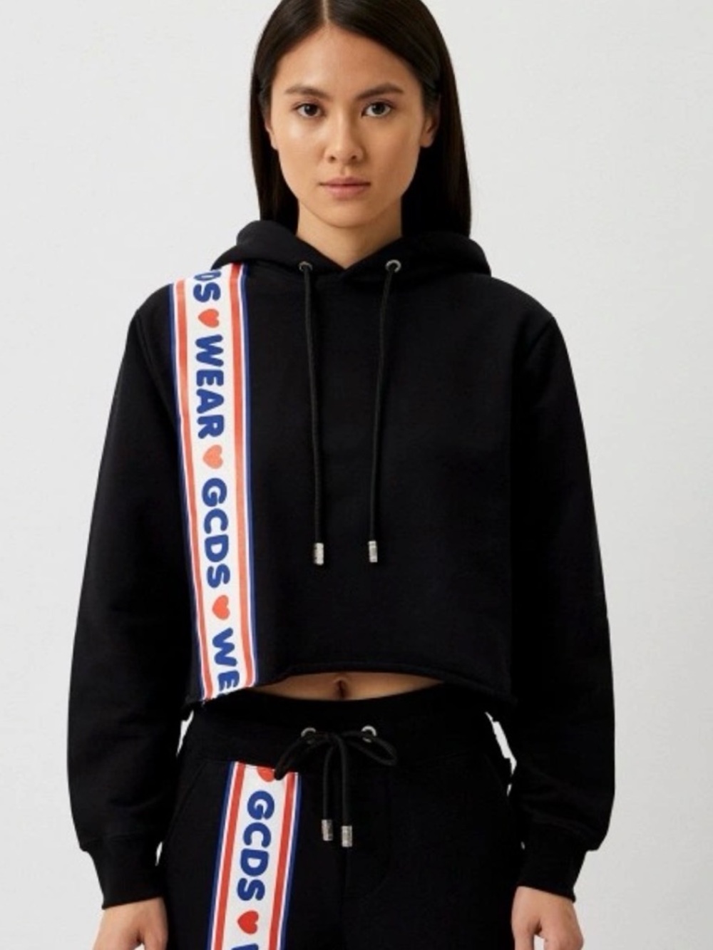 GCDS Black Cropped Hoodie with Branded Stripe